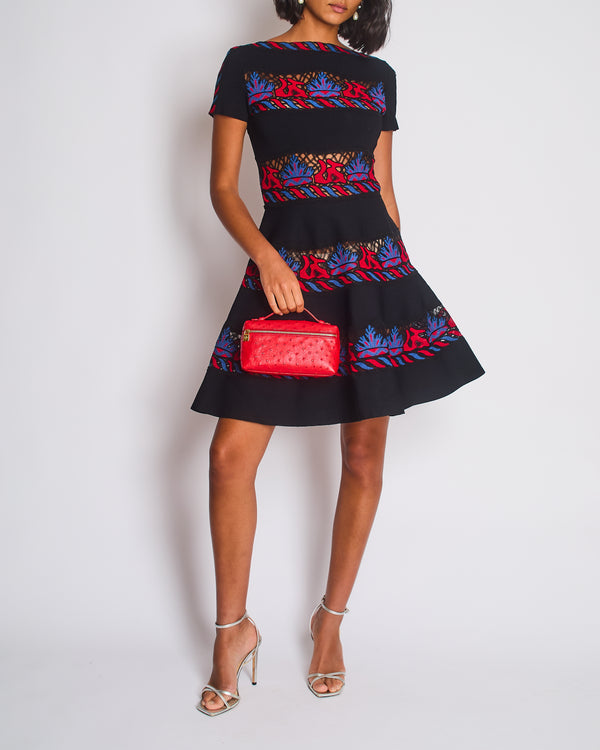 Valentino Navy A-Line Mini Dress with Black, Red and Blue Lace Panel Details Size UK 10 (Size Medium)