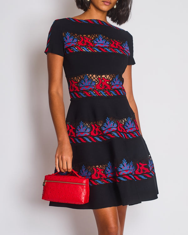 Valentino Navy A-Line Mini Dress with Black, Red and Blue Lace Panel Details Size UK 10 (Size Medium)