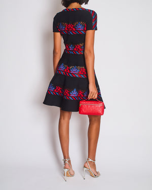 Valentino Navy A-Line Mini Dress with Black, Red and Blue Lace Panel Details Size UK 10 (Size Medium)