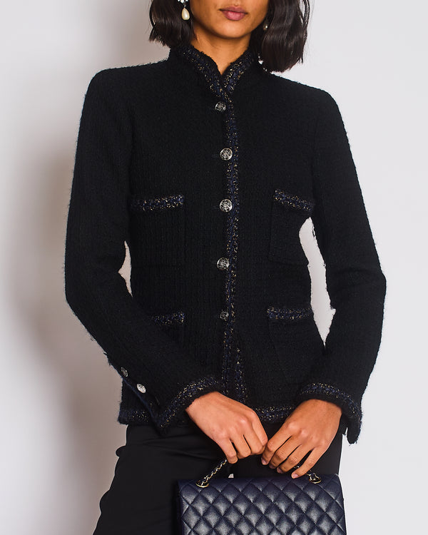 Chanel 10/A Black Collarless Long Sleeve Tweed Jacket with Navy Trim and Silver Button Details Size FR 36 (UK 8)