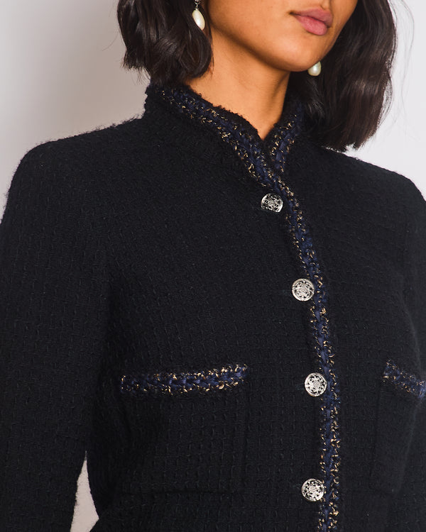 Chanel 10/A Black Collarless Long Sleeve Tweed Jacket with Navy Trim and Silver Button Details Size FR 36 (UK 8)