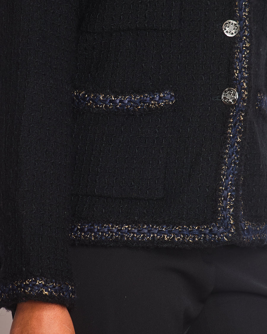 Chanel 10/A Black Collarless Long Sleeve Tweed Jacket with Navy Trim and Silver Button Details Size FR 36 (UK 8)