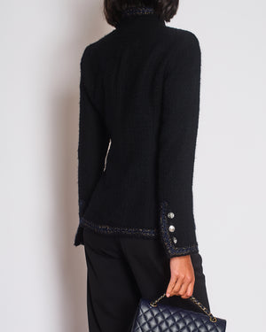 Chanel 10/A Black Collarless Long Sleeve Tweed Jacket with Navy Trim and Silver Button Details Size FR 36 (UK 8)