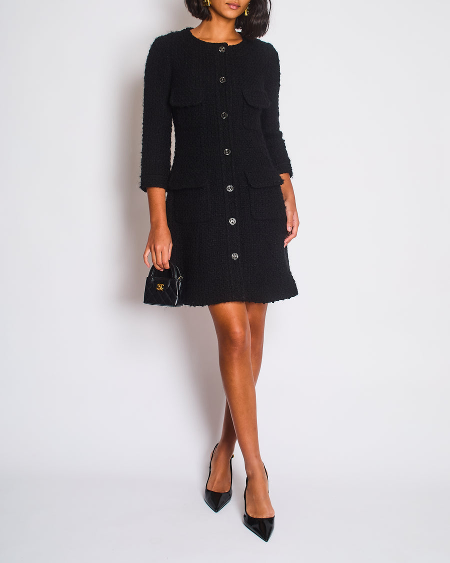 Chanel Black Tweed 3/4 Sleeve Dress with Covered Pockets and Black and Gunmetal CC Logo Button Details FR 36 (UK 8)