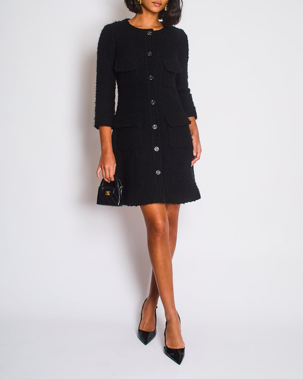 Chanel Black Tweed 3/4 Sleeve Dress with Covered Pockets and Black and Gunmetal CC Logo Button Details FR 36 (UK 8)