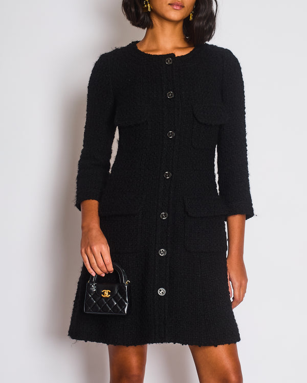 Chanel Black Tweed 3/4 Sleeve Dress with Covered Pockets and Black and Gunmetal CC Logo Button Details FR 36 (UK 8)