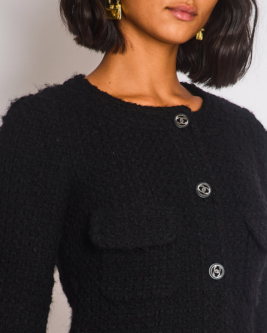 Chanel Black Tweed 3/4 Sleeve Dress with Covered Pockets and Black and Gunmetal CC Logo Button Details FR 36 (UK 8)