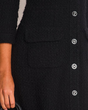 Chanel Black Tweed 3/4 Sleeve Dress with Covered Pockets and Black and Gunmetal CC Logo Button Details FR 36 (UK 8)