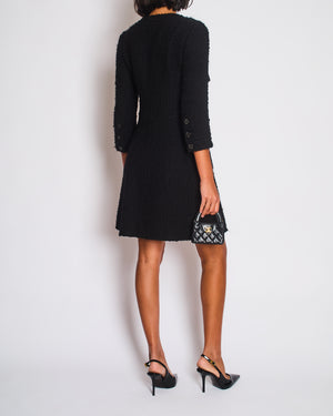 Chanel Black Tweed 3/4 Sleeve Dress with Covered Pockets and Black and Gunmetal CC Logo Button Details FR 36 (UK 8)