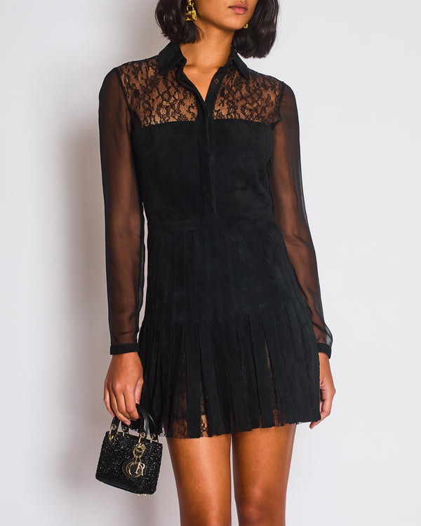 Valentino Black Mini Suede and Lace Pleated Dress with Collar Detail Cream Size UK 6