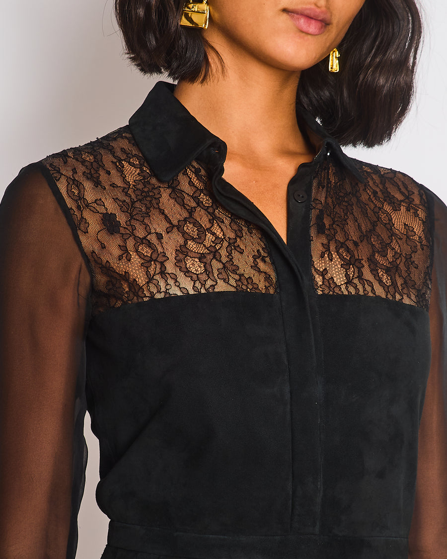 Valentino Black Mini Suede and Lace Pleated Dress with Collar Detail Cream Size UK 6