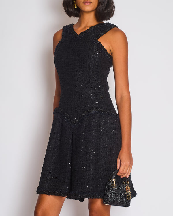 Chanel 15/P Black Sleeveless Glitter Tweed A-Line Midi Dress with Woven Tweed Trim Detail FR 36 (UK 8)