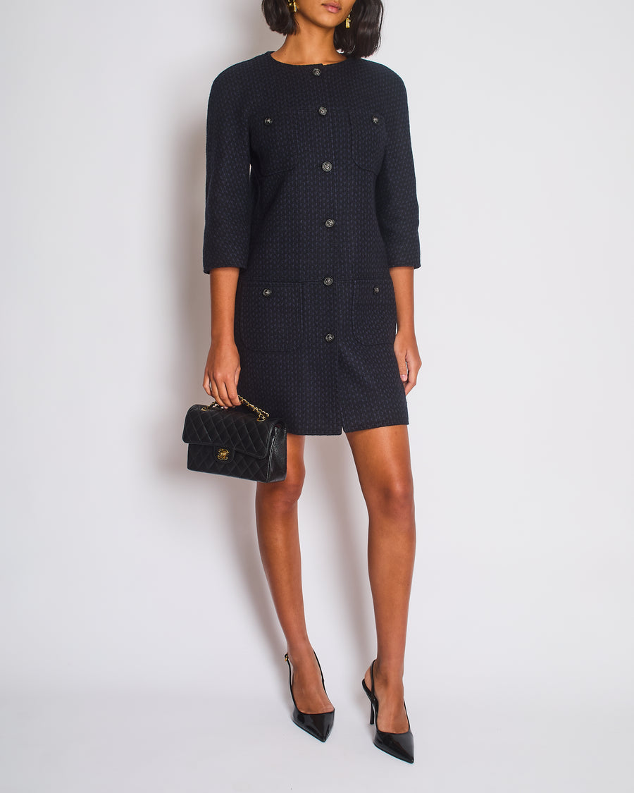 Chanel Black and Navy Tweed 3/4 Sleeve Dress with Pockets and Gunmetal Lion Button Details FR 36 (UK 8)