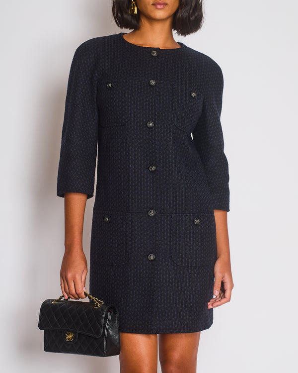 Chanel Black and Navy Tweed 3/4 Sleeve Dress with Pockets and Gunmetal Lion Button Details FR 36 (UK 8)