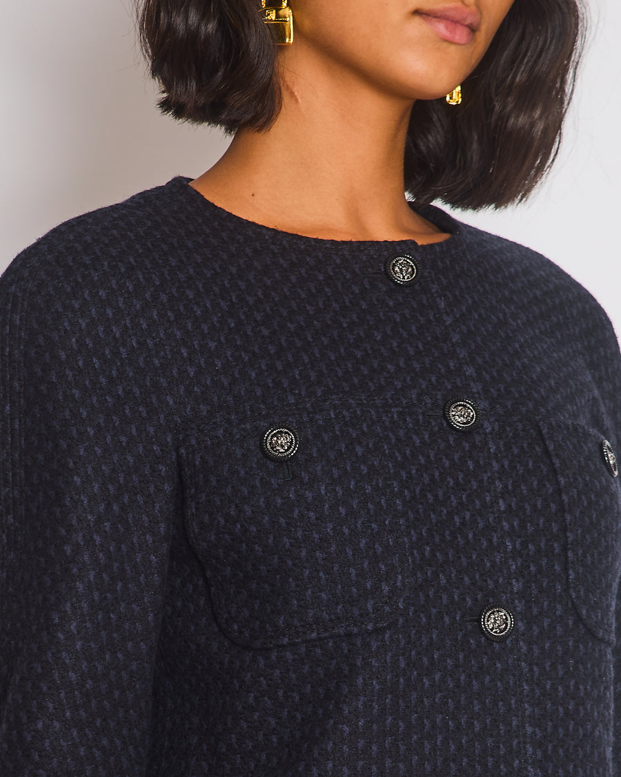 Chanel Black and Navy Tweed 3/4 Sleeve Dress with Pockets and Gunmetal Lion Button Details FR 36 (UK 8)