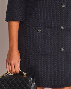 Chanel Black and Navy Tweed 3/4 Sleeve Dress with Pockets and Gunmetal Lion Button Details FR 36 (UK 8)