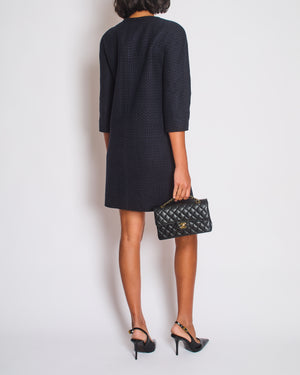 Chanel Black and Navy Tweed 3/4 Sleeve Dress with Pockets and Gunmetal Lion Button Details FR 36 (UK 8)