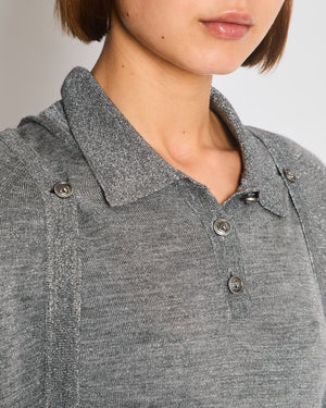 Chanel 08A Grey Two Piece Cashmere Detachable Top and Cardigan Set with Silver Metallic Details Size FR 40 (UK 12)