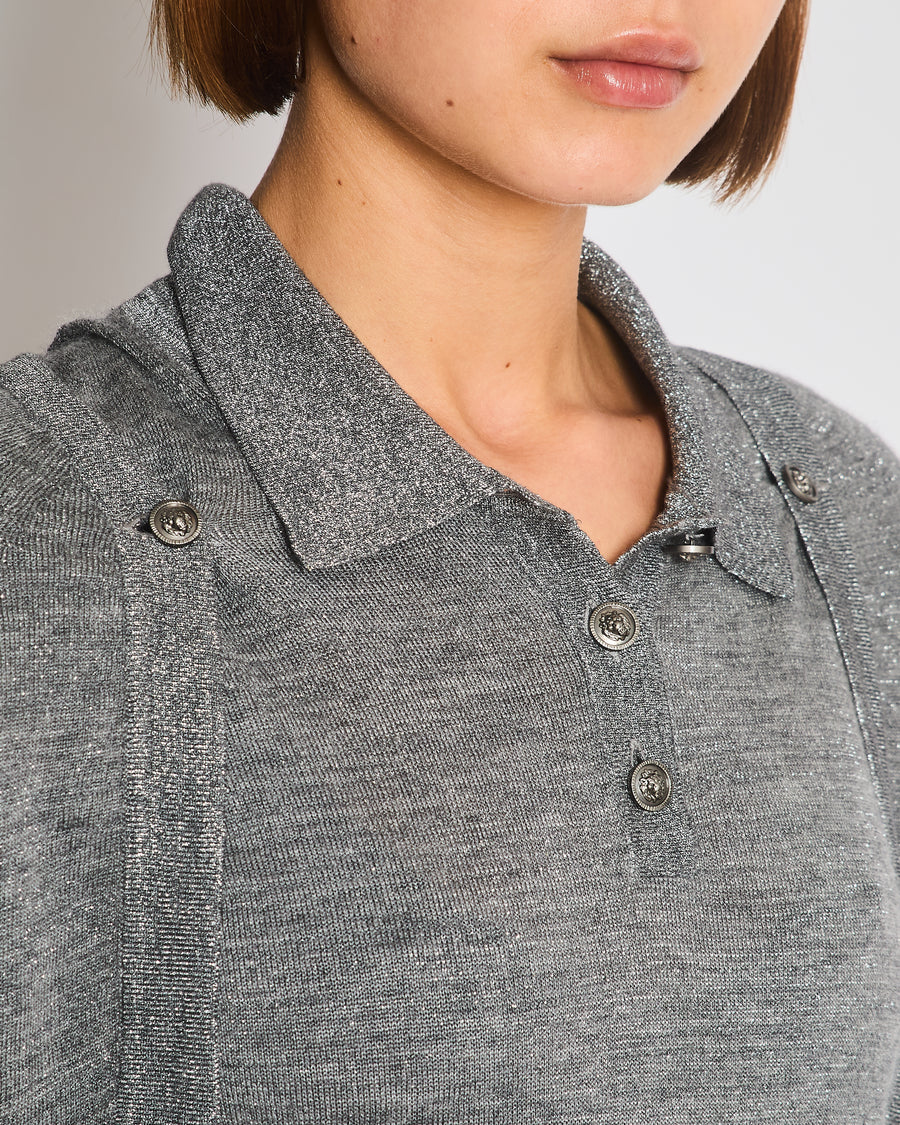 Chanel 08A Grey Two Piece Cashmere Detachable Top and Cardigan Set with Silver Metallic Details Size FR 40 (UK 12)
