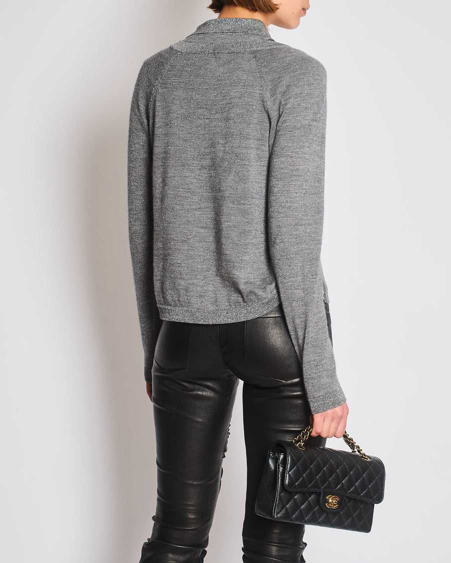 Chanel 08A Grey Two Piece Cashmere Detachable Top and Cardigan Set with Silver Metallic Details Size FR 40 (UK 12)
