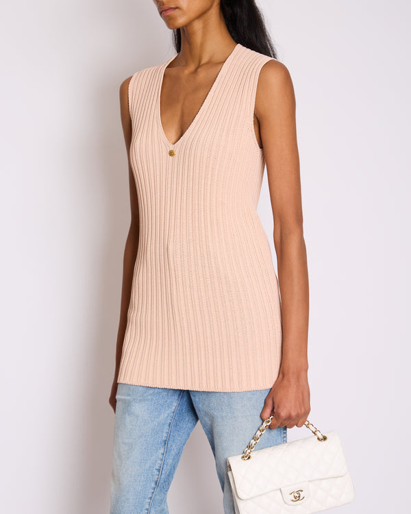 Chanel Baby Pink Knitted Sleeveless Vest with Gold CC Button Detail FR 38 (UK 10)