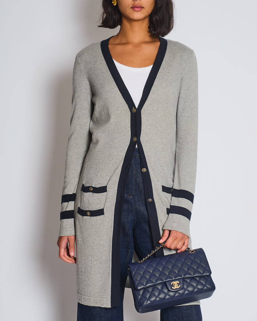 Chanel Grey Long Sleeve Longline Cashmere Dress Cardigan with CC Detail Buttons Size FR 36 (UK 8-10)