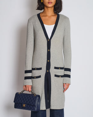 Chanel Grey Long Sleeve Longline Cashmere Dress Cardigan with CC Detail Buttons Size FR 36 (UK 8-10)