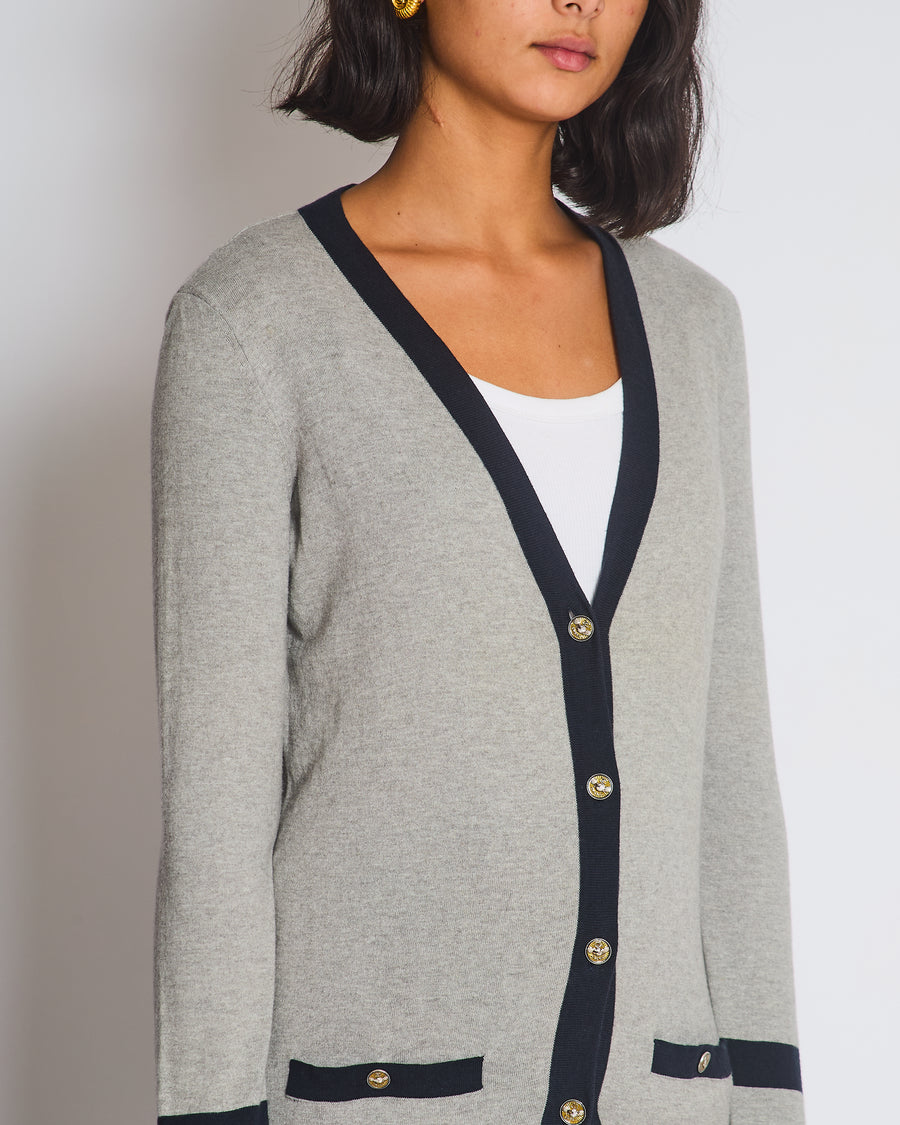 Chanel Grey Long Sleeve Longline Cashmere Dress Cardigan with CC Detail Buttons Size FR 36 (UK 8-10)