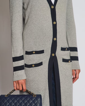 Chanel Grey Long Sleeve Longline Cashmere Dress Cardigan with CC Detail Buttons Size FR 36 (UK 8-10)