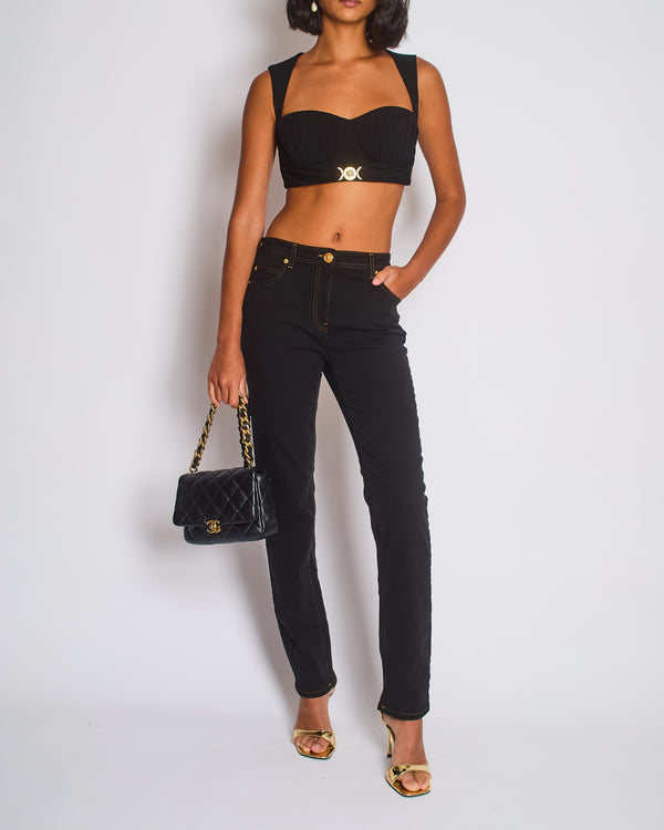 Versace Dark Black Denim Medusa '95 Jeans with Gold Logo Detail Waist 29 (UK 12)