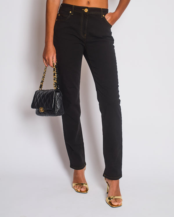 Versace Dark Black Denim Medusa '95 Jeans with Gold Logo Detail Waist 29 (UK 12)