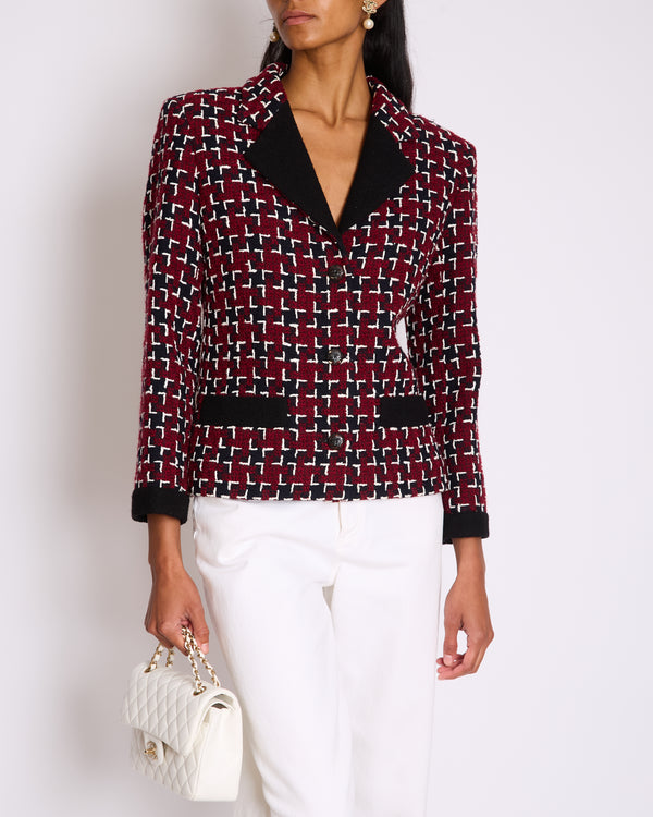 Chanel Fall 2015 Burgundy and Black Tweed Jacket with Black CC Logo Buttons Size FR 40 (UK 12)