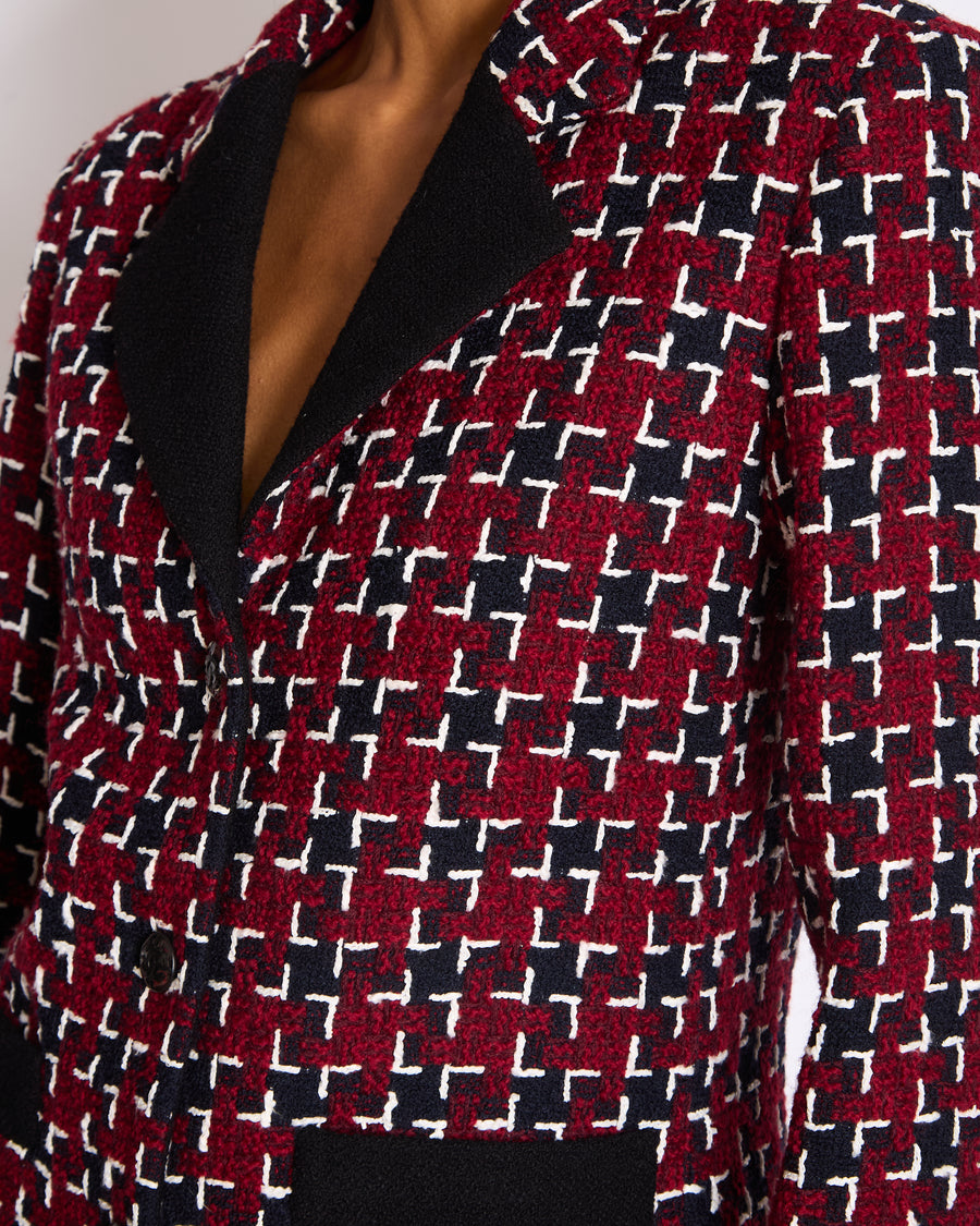 Chanel Fall 2015 Burgundy and Black Tweed Jacket with Black CC Logo Buttons Size FR 40 (UK 12)