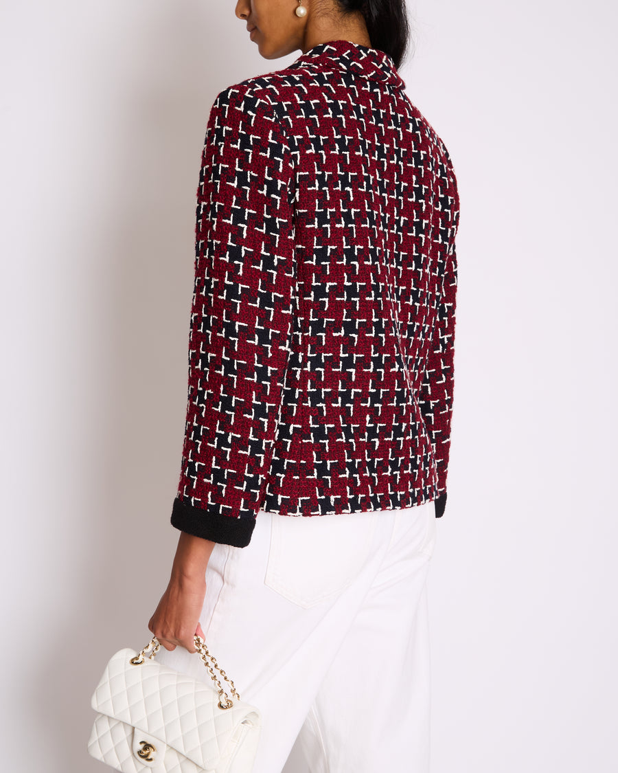 Chanel Fall 2015 Burgundy and Black Tweed Jacket with Black CC Logo Buttons Size FR 40 (UK 12)