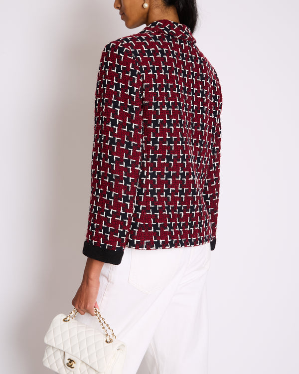 Chanel Fall 2015 Burgundy and Black Tweed Jacket with Black CC Logo Buttons Size FR 40 (UK 12)