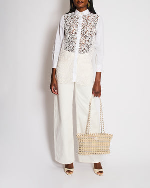 Celine White Cotton Poplin Long Sleeve Shirt with Macrame Front Detail Size FR 38 (UK 10)