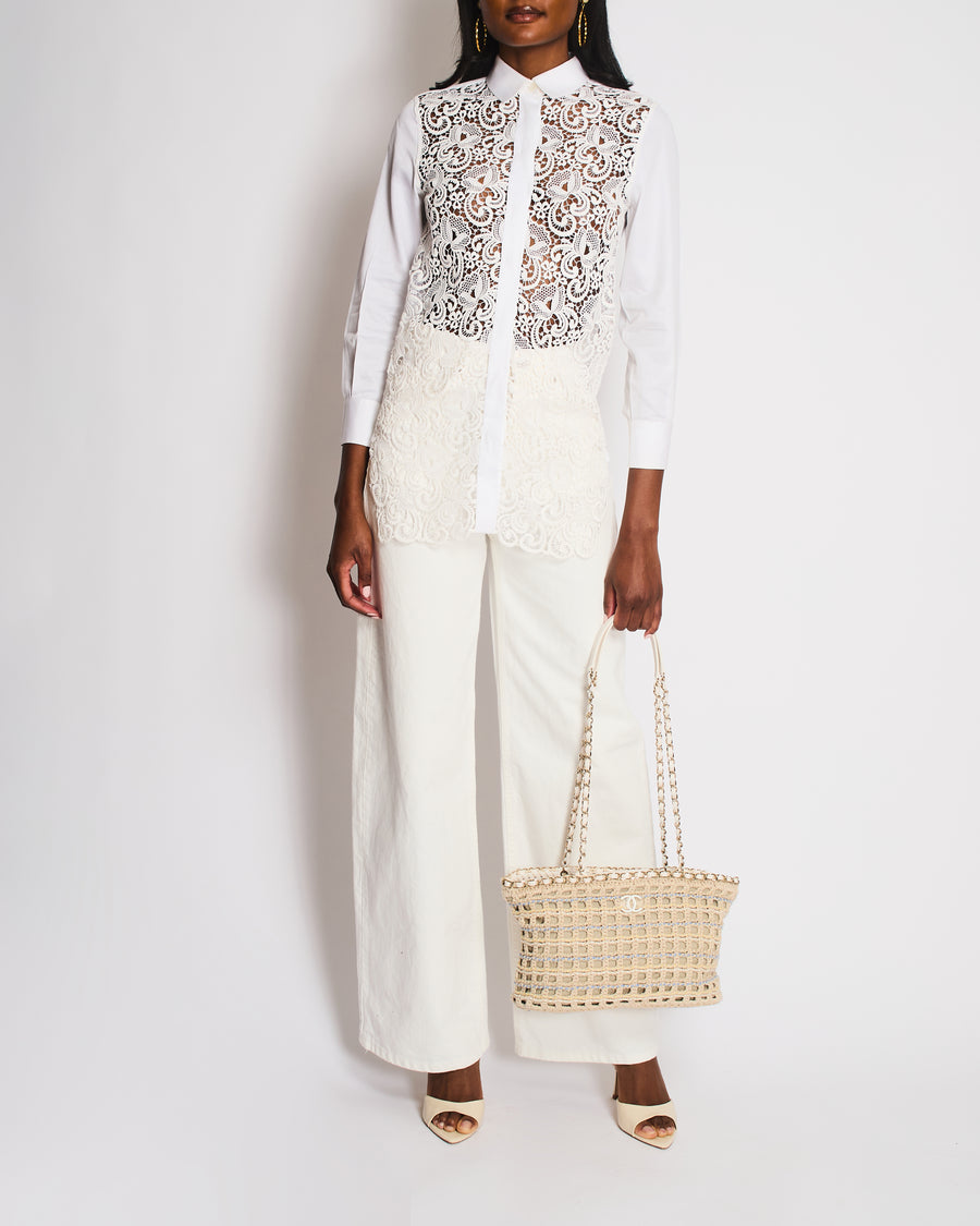 Celine White Cotton Poplin Long Sleeve Shirt with Macrame Front Detail Size FR 38 (UK 10)