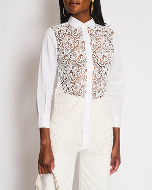 Celine White Cotton Poplin Long Sleeve Shirt with Macrame Front Detail Size FR 38 (UK 10)