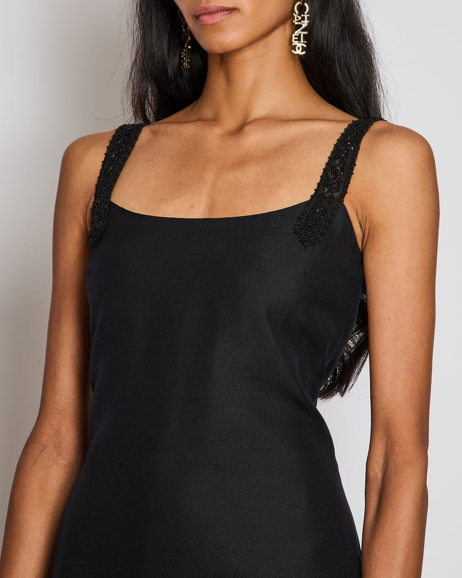 Valentino Boutique Black Sleeveless Midi Dress with Beaded Strap Details and Ruffles Size IT 40 (UK 8)