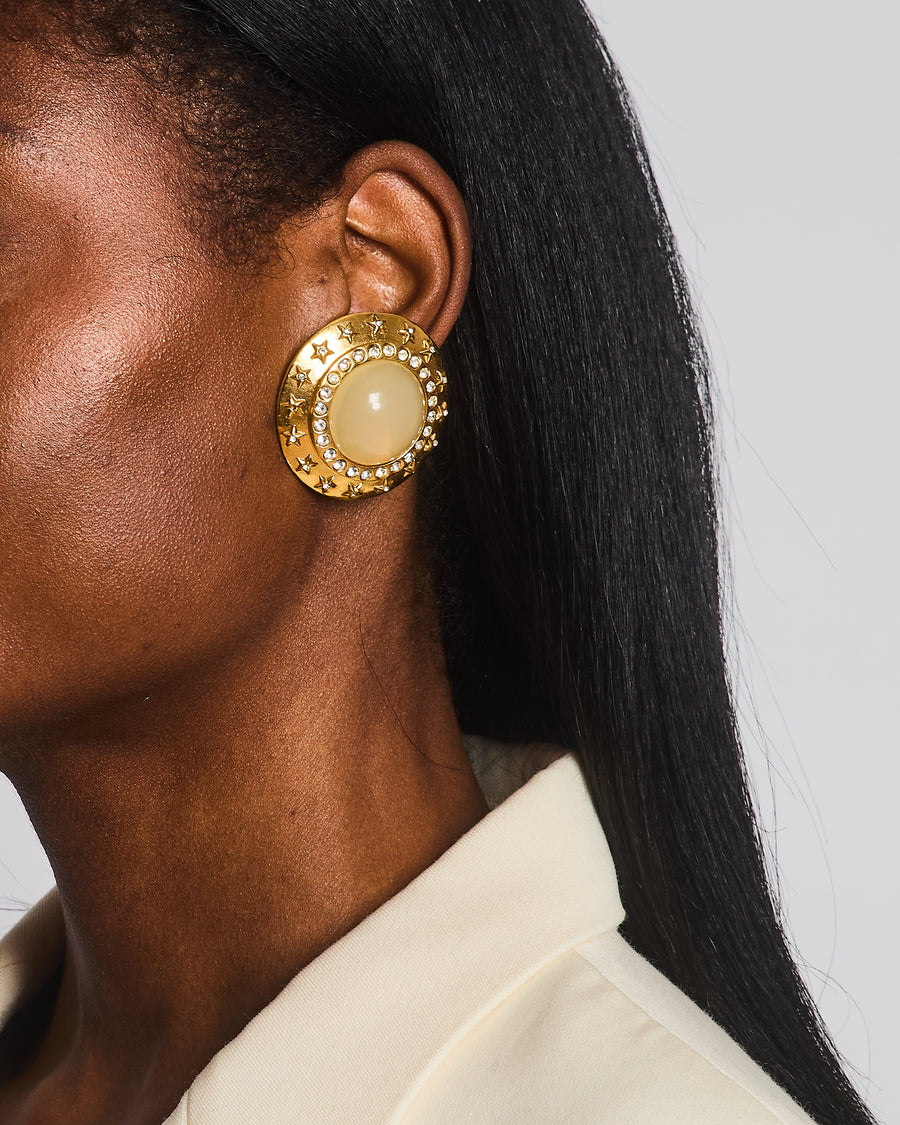 Chanel 2003 Vintage Gold Large Round Clip On Earrings with Beige Stone, Stars and Crystal Embellishments