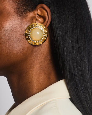 Chanel 2003 Vintage Gold Large Round Clip On Earrings with Beige Stone, Stars and Crystal Embellishments