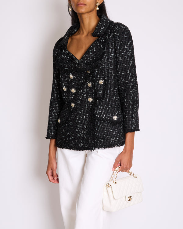 Chanel Paris Versailles Black Tweed All-Over Logo Ribbon Jacket with Silver Embellished Buttons Size FR 42 (UK 14)
