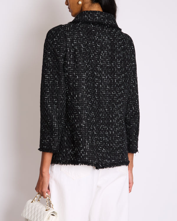 Chanel Paris Versailles Black Tweed All-Over Logo Ribbon Jacket with Silver Embellished Buttons Size FR 42 (UK 14)
