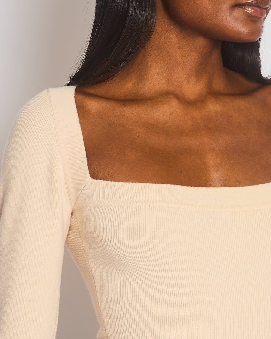 Khaite Cream Wool Long Sleeved Ribbed Bodysuit with Square Neckline Size M (UK 10)