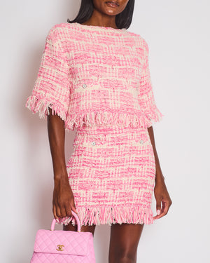 Chanel Pink Tweed Two-Piece Skirt and Top Set with Frayed Detail and CC Button Detail Size FR 36 (UK 8)