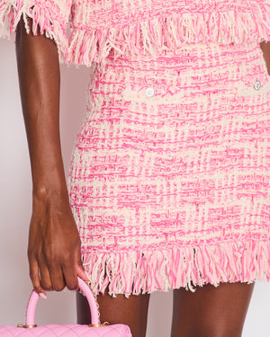 Chanel Pink Tweed Two-Piece Skirt and Top Set with Frayed Detail and CC Button Detail Size FR 36 (UK 8)