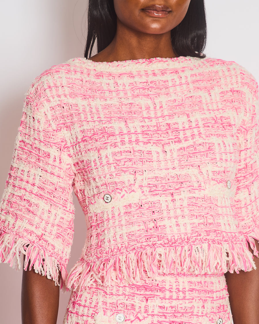 Chanel Pink Tweed Two-Piece Skirt and Top Set with Frayed Detail and CC Button Detail Size FR 36 (UK 8)