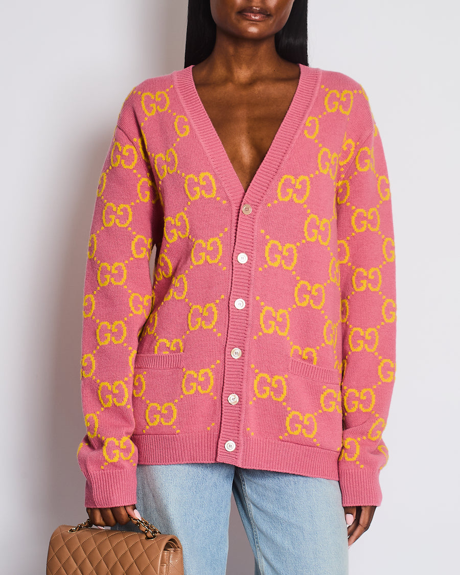 Gucci Pink and Yellow Wool GG Monogram Cardigan with Mother of Pearl Buttons Size XL (UK 12/14) RRP £1,300