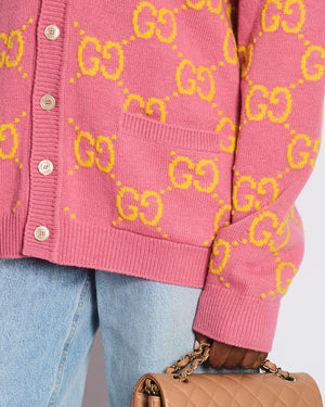 Gucci Pink and Yellow Wool GG Monogram Cardigan with Mother of Pearl Buttons Size XL (UK 12/14) RRP £1,300