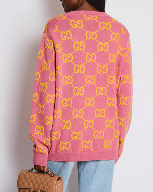 Gucci Pink and Yellow Wool GG Monogram Cardigan with Mother of Pearl Buttons Size XL (UK 12/14) RRP £1,300